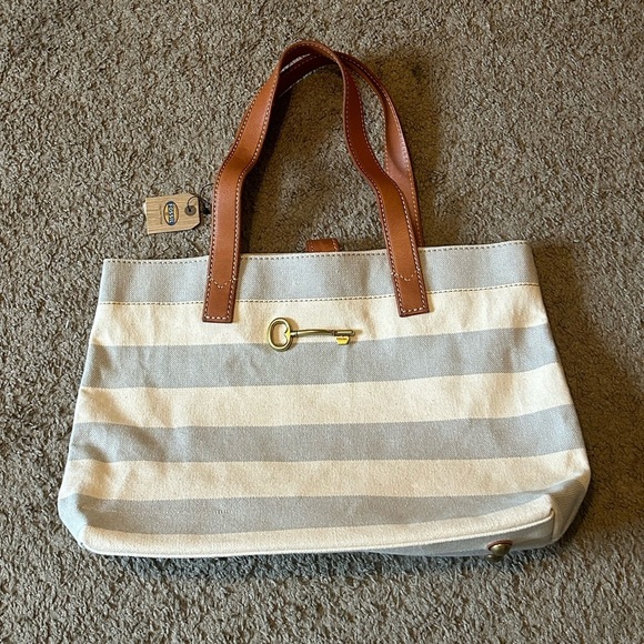 NWT Austin Shopper Gray Stripe Women’s Tote Shoulder Bag Cow Hide Leather Brass - Picture 1 of 12